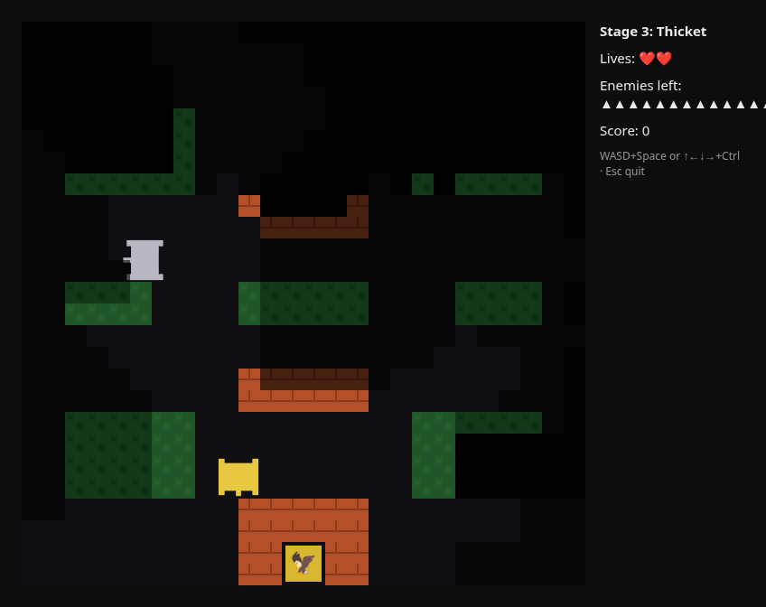 A fogged stage: the player's tank on open ground beside a treeline near its base, an enemy tank visible further off, and unexplored areas in black