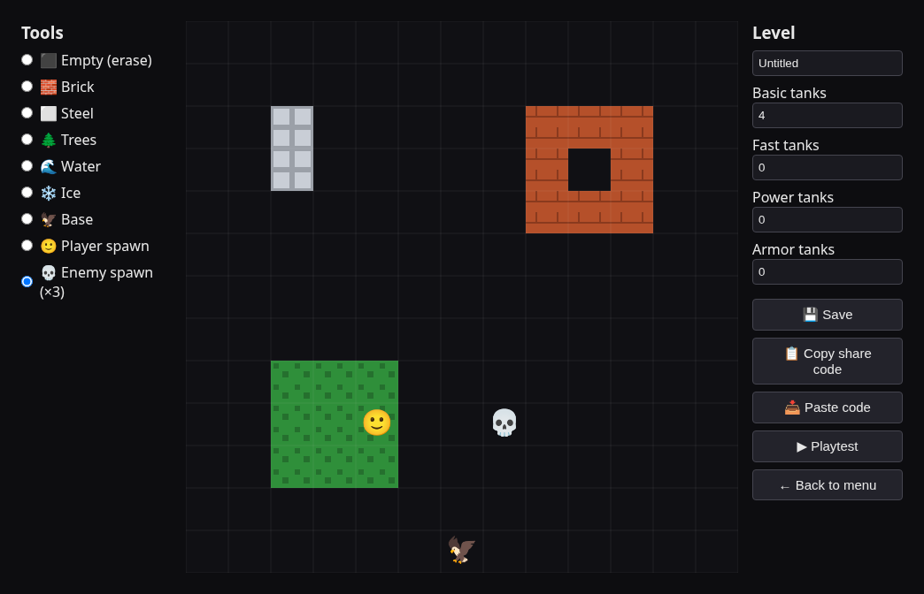 The level editor showing a partly-drawn map, terrain palette, and level settings
